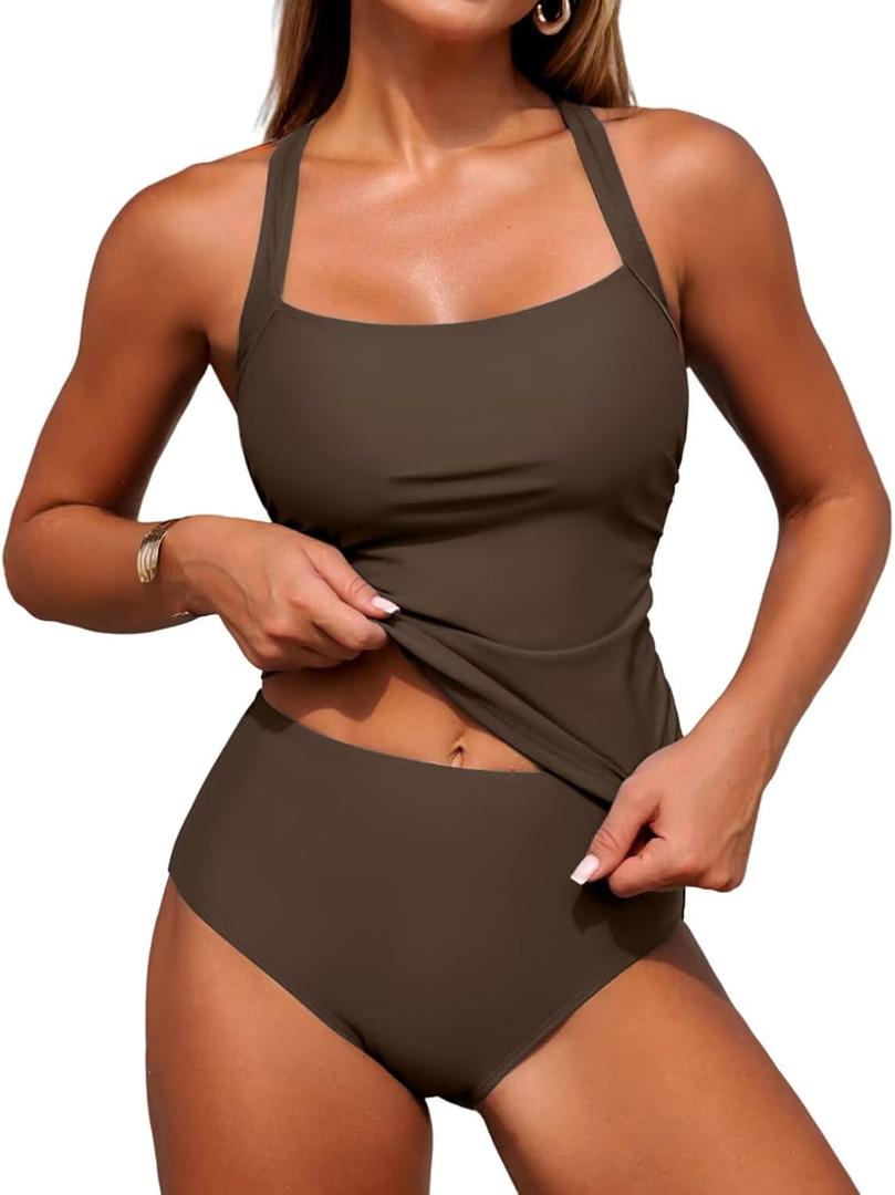 ZAFUL Women's Swimsuit Tankinis Tummy Control Bathing Suits 2 Piece Swimsuit Full Coverage Slimming Tankini Top with High Waisted Bottom Brown XL