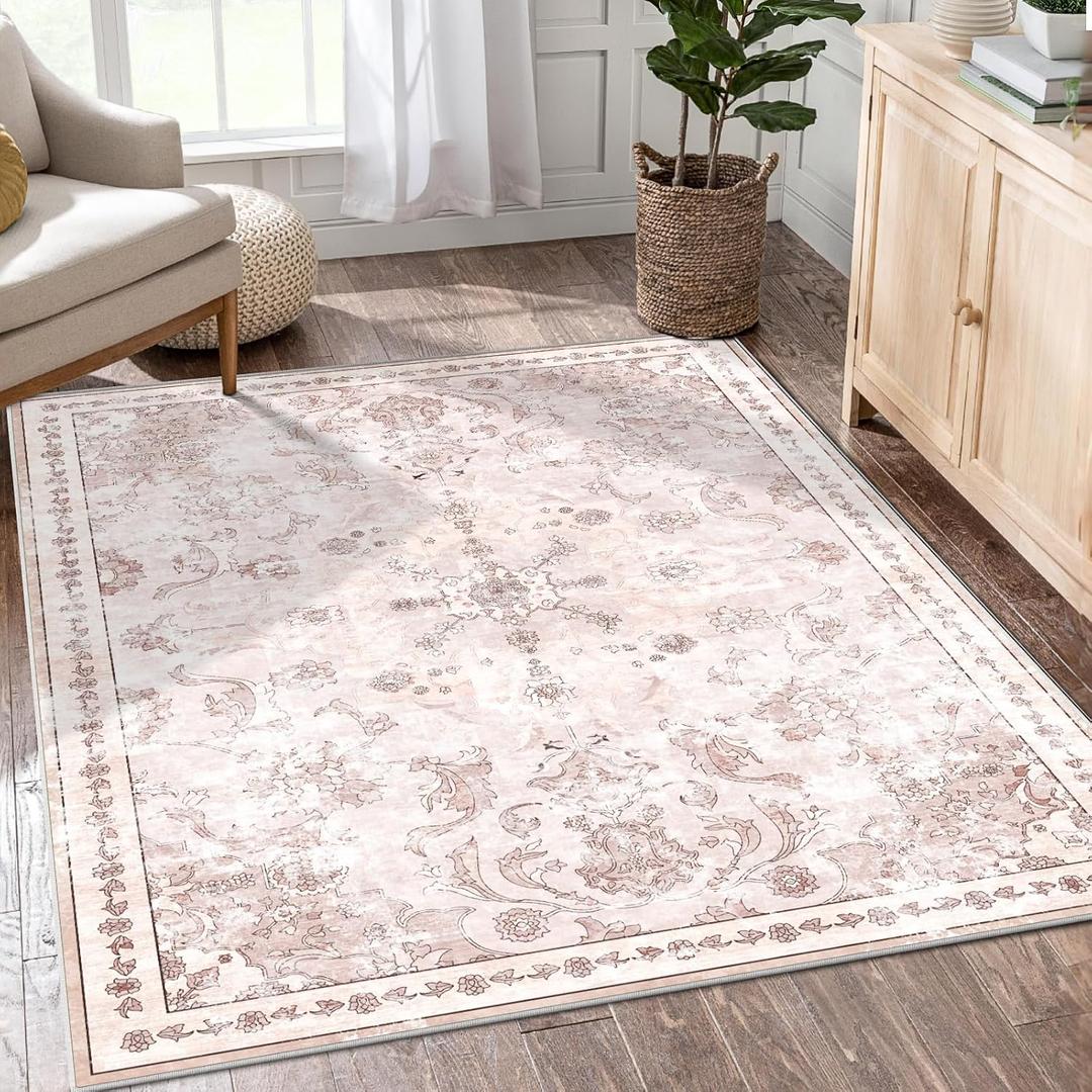 3x5ft Washable Rug Non Slip, Boho Area Rug for Living Room, Kitchen Rugs Entry Mat Indoor, Low Pile Distressed Floral Rugs Carpet for Bedroom, Entryway, Hallways (Light Pink)