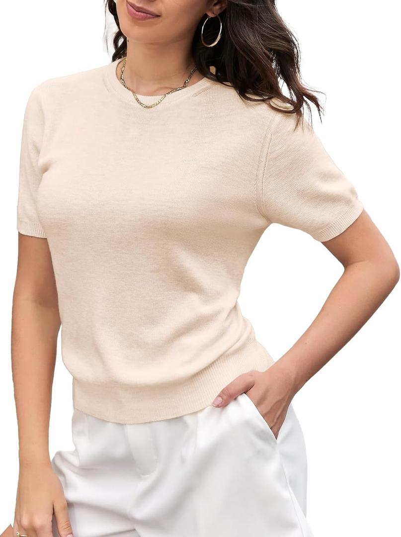 SANGTREE Women's Short Sleeve Sweaters Crew Neck Pullover Tops Summer Sweaters for Women (X-Large, 01#camel)
