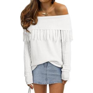 EVALESS Womens Off The Shoulder Sweater Fall Fringe Long Sleeve Loose Pullover Sweaters Tops (White, XL)