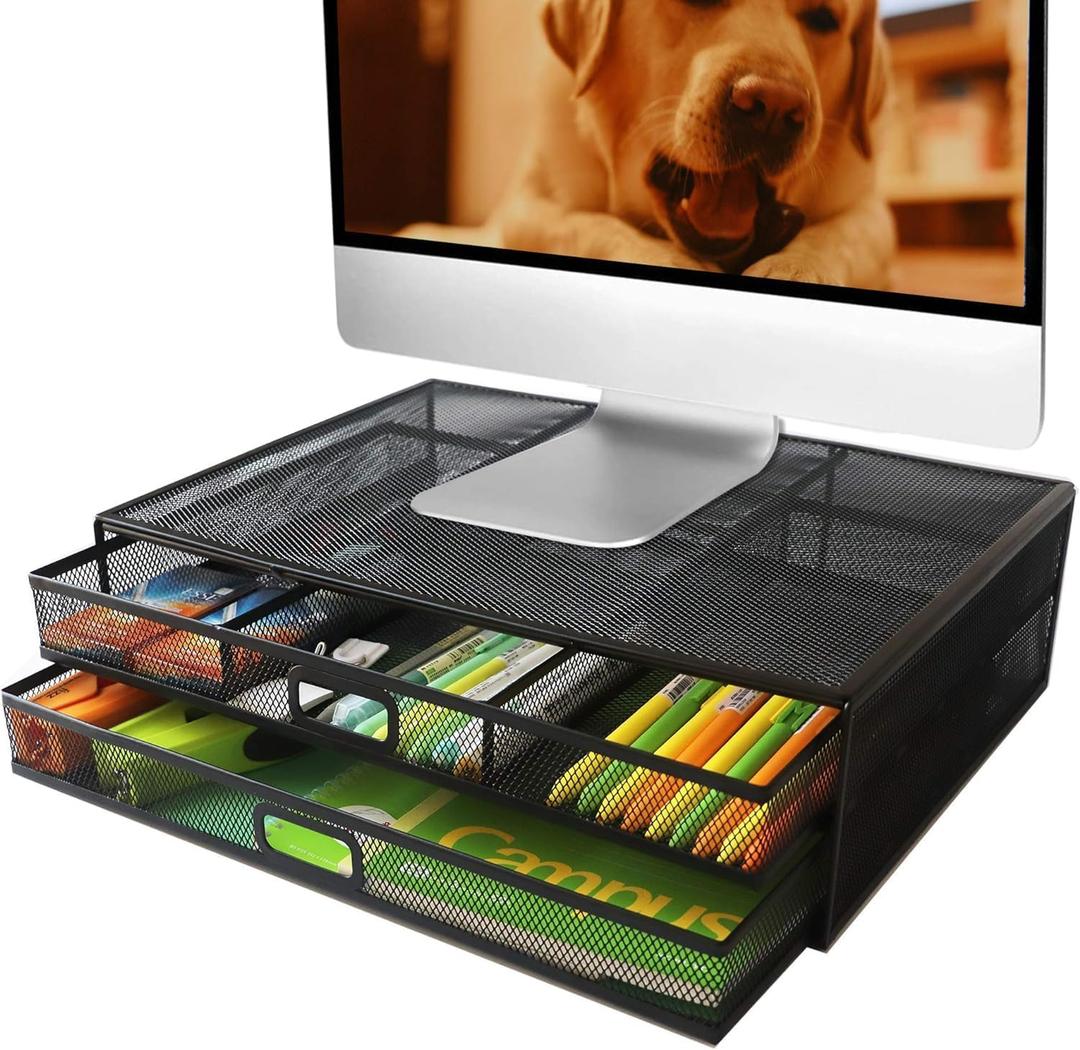 Computer Monitor Stands with Drawers, Metal Mesh Desktop Monitor Riser, Desk Storage Organizer with Drawers for PC, Laptop, Printer (Black)