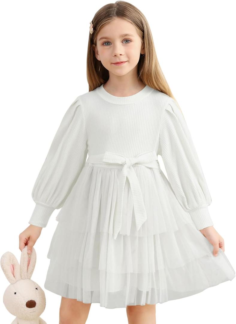Toddler Girl Tulle Dress Puff Long Sleeves Tutu Dresses with Tie Belt for Princess Brithday Party 1-6T