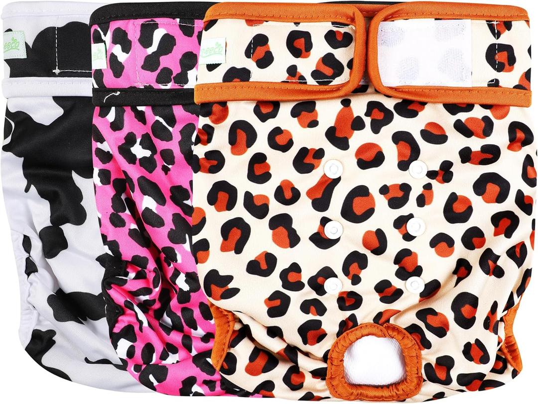 wegreeco Luxury Washable Reusable Dog Diapers (Stylish Pattern) - Female Dog Diapers, Doggie Diapers, 3 Pack (Cheetah Print, Small) (Small (Newborn-10.5" Waist))