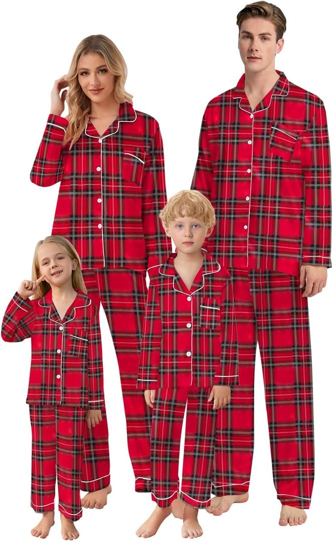Schbbbta Christmas Family Silk Pajamas Matching Sets Long Sleeve Pj Set Satin Button Down Holiday Sleepwear (13-14 Years, Bright Scotland Plaid)