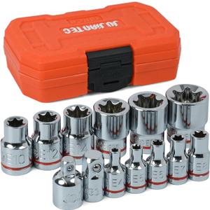 13-Piece E-Torx Socket Set with 6-Point Star Design - E4 to E20 Sizes, 1/4 & 3/8 Drive, Hardened CR-V Steel, Impact Wrench Compatible, Sturdy Molded Case