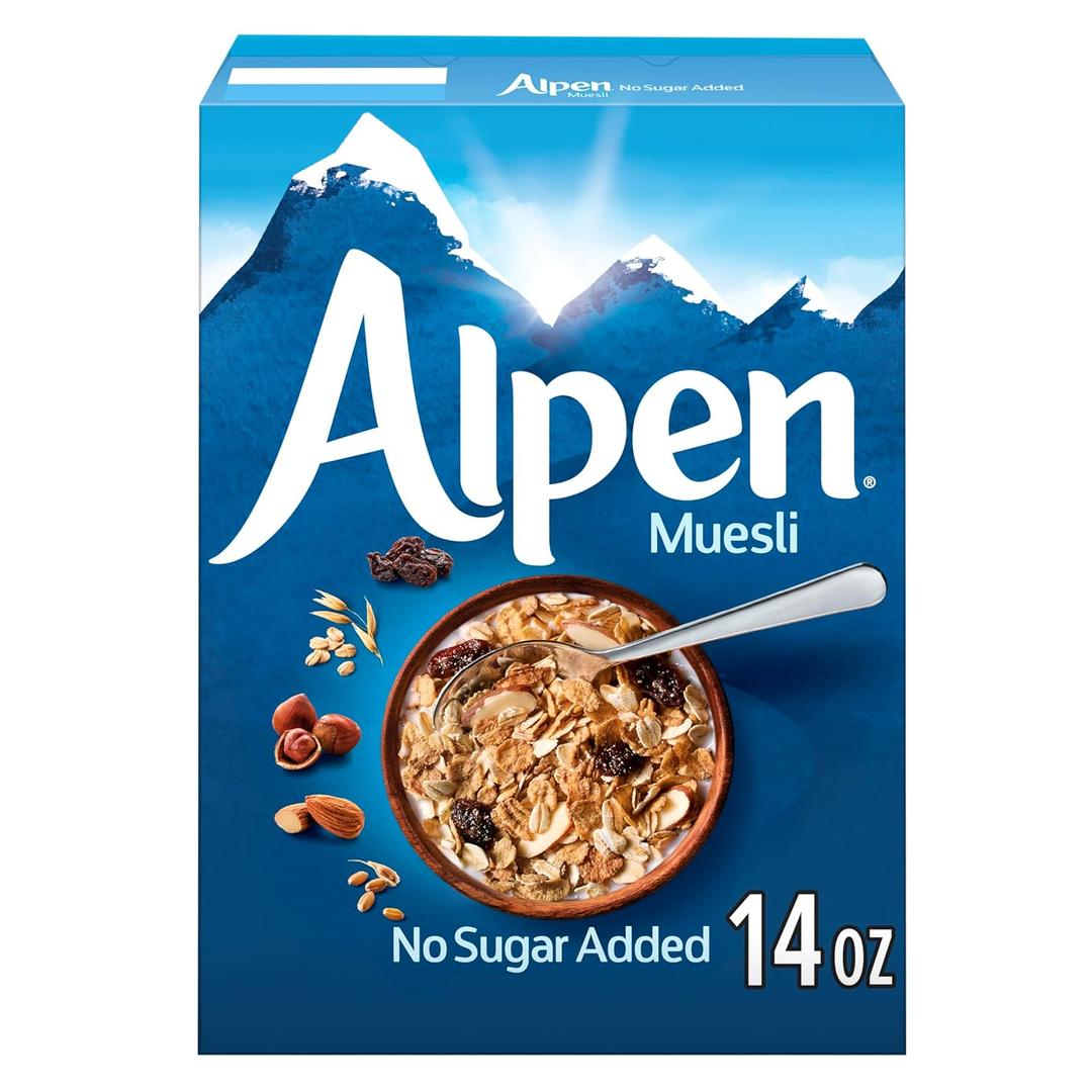 Alpen Muesli No Sugar Added Cereal, Heart Healthy Cereal with Wheat Flakes, Rolled Oats, Nuts and Raisins, Non-GMO Project Verified, 14 OZ Box (Pack of 1) (EXP 03/03/26)