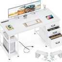 AODK 51 Inch Computer Desk with File Drawers & USB Power Outlets - Reversible Home Office Desk with Storage Shelves, Work from Home, Modern Work/Writing/Study Table for Bedroom, White