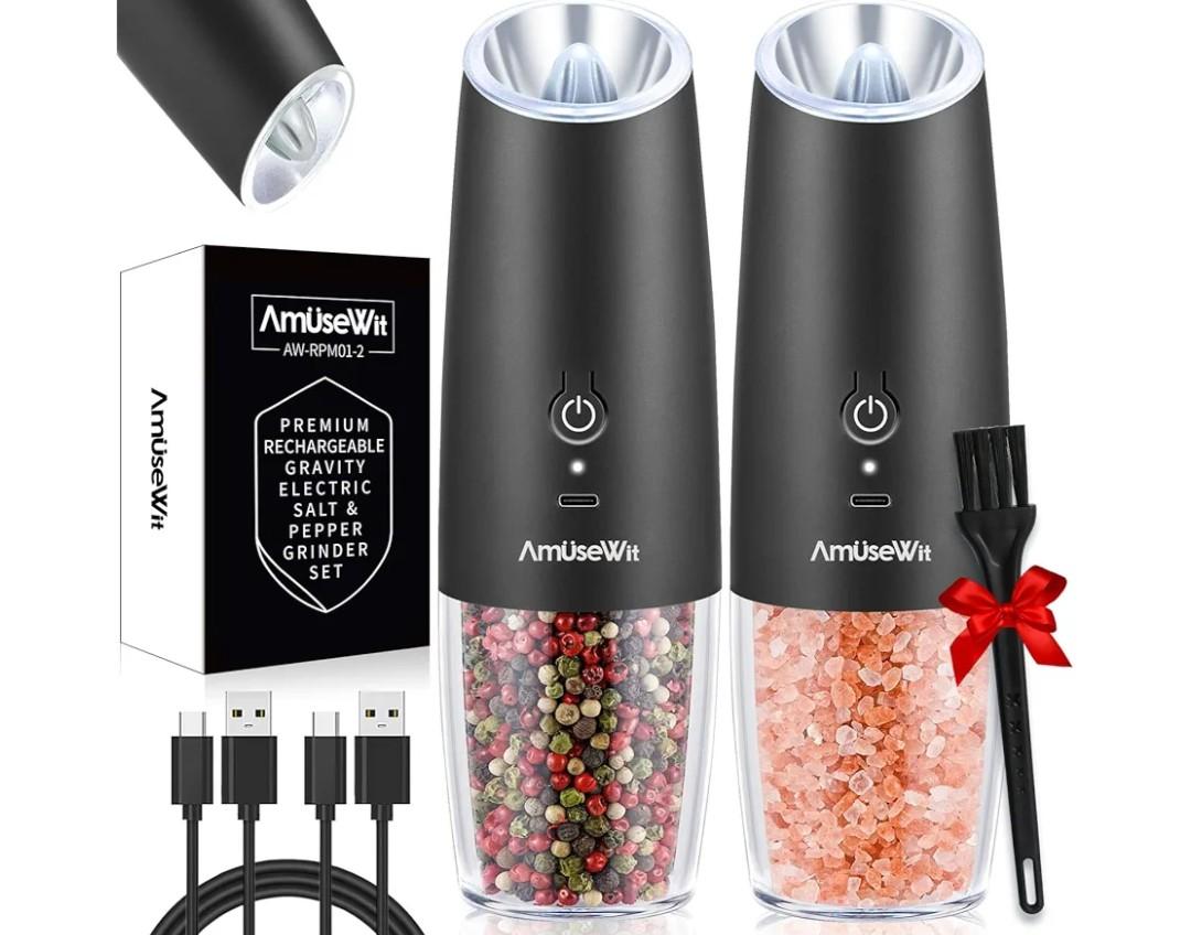 AmuseWit Gravity Electric Salt and Pepper Grinder Set [White Light] USB Rechargeable Automatic Pepper and Salt Mills,Adjustable Coarseness,One-Handed Operation,Matte Black