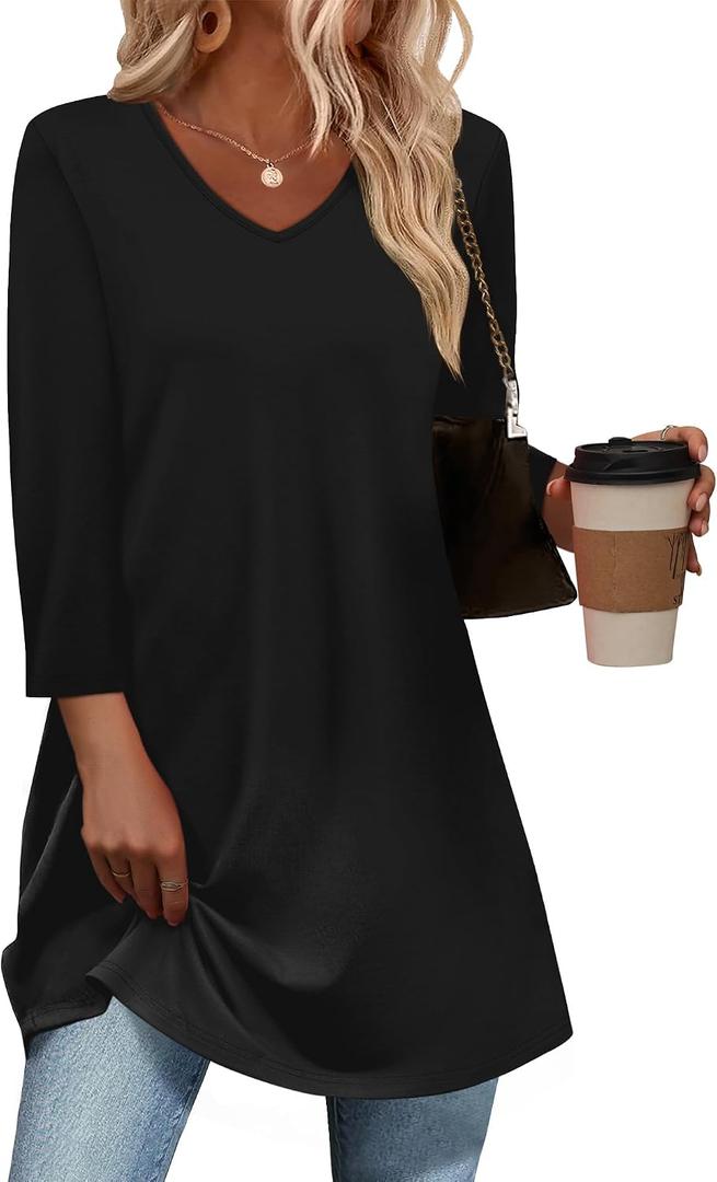 OFEEFAN 3/4 Length Sleeve Womens Tops Dressy Casual Plus Size Tunics to Wear with Leggings (Black, XL)