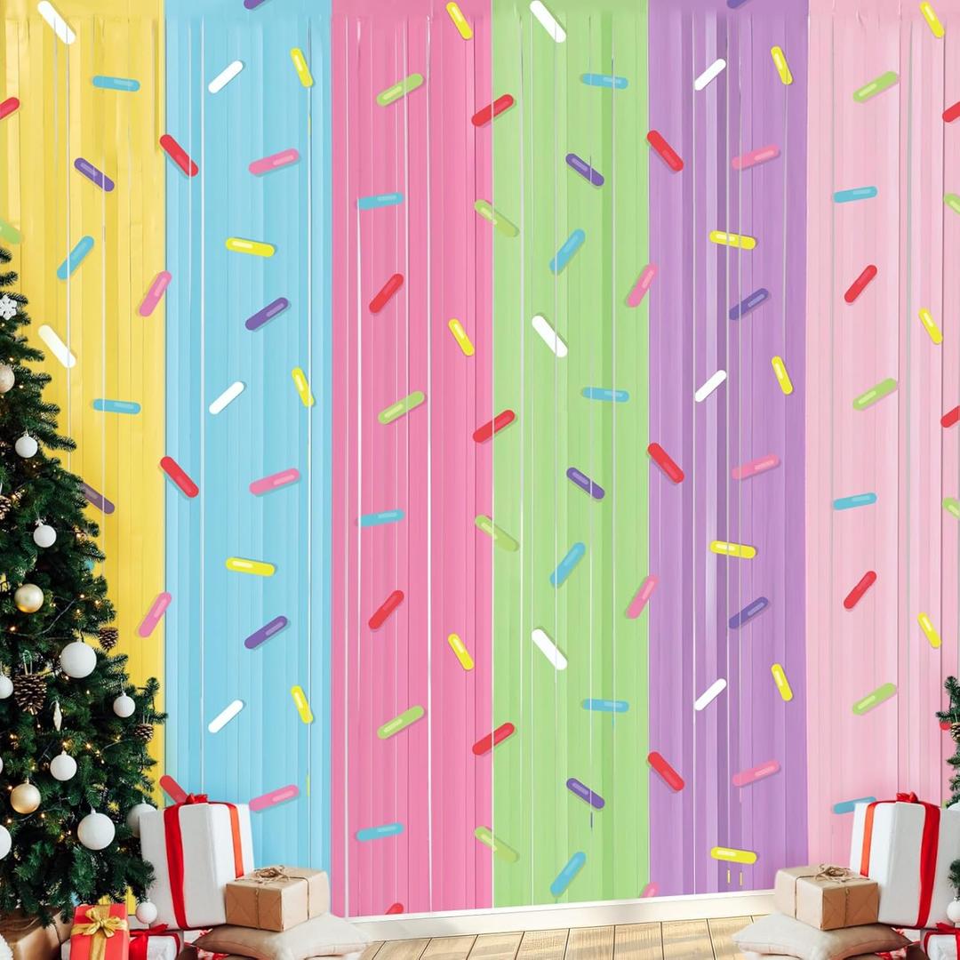 Blosssound 2 Packs Donut Party Decorations 3.3 x 6.6 ft Donut Sprinkle Foil Fringe Curtain Colorful Ice Cream Tinsel Streamers for Sweet Birthday Baby Shower Sweet Shop Decoration(2 Packs, Doughnut)