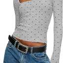 Women Y2k Polka Dot Tops Square Neck Long Sleeve Shirts Slim Fitted Casual Basic Going Out Top (Large, Basic Navy Blue)