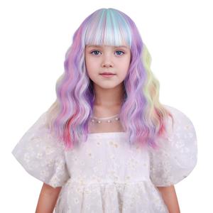 Girls Rainbow Wig Kids Colored Wig with Bangs Child Short Curly Colorful Wigs Synthetic Cosplay Hair Wig