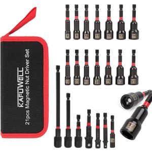 21PCS Nut Driver Set Magnetic, 1/4" Impact Drill Driver Bit Set, Metric and SAE, Impact Socket Adapters, Quick-Release Bit Holder with Storage Bag