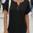 AUTOMET Women Tops Summer Sweaters Short Sleeve V Neck Henley Shirts Dressy Button Blouses (Black, M)