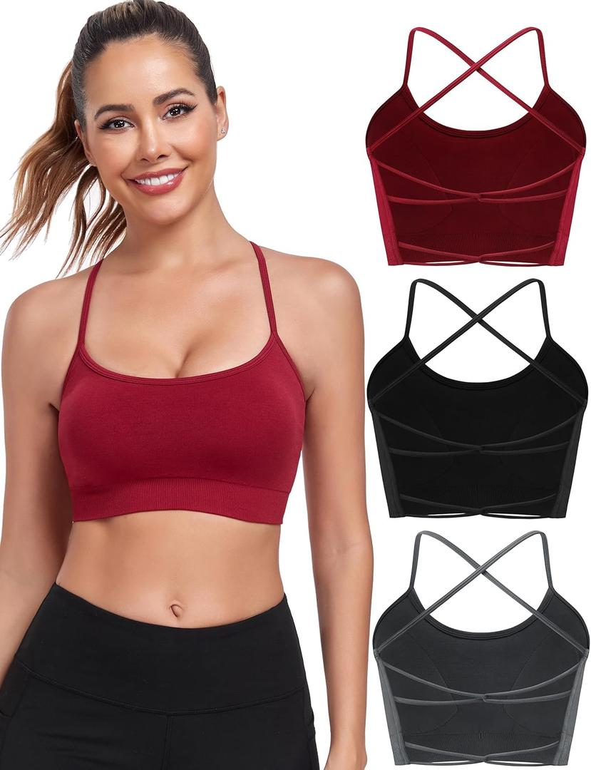 Lusait Sports Bras for Women Medium Support Thin Straps Sexy Criss-Cross Yoga Bra Gym Crop Top for Workout (Large, Black+grey+red)