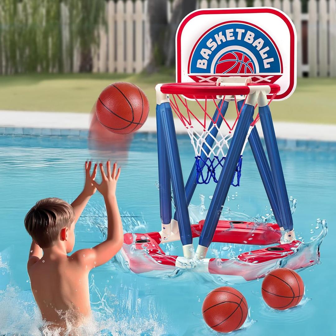 Floating Pool Basketball Hoop, Pool Basketball Hoop with 3 Balls and Pump, Swimming Pool Toys Water Game for Kids Ages 4-8, 8-12 and Adults, Indoor Outdoor Play