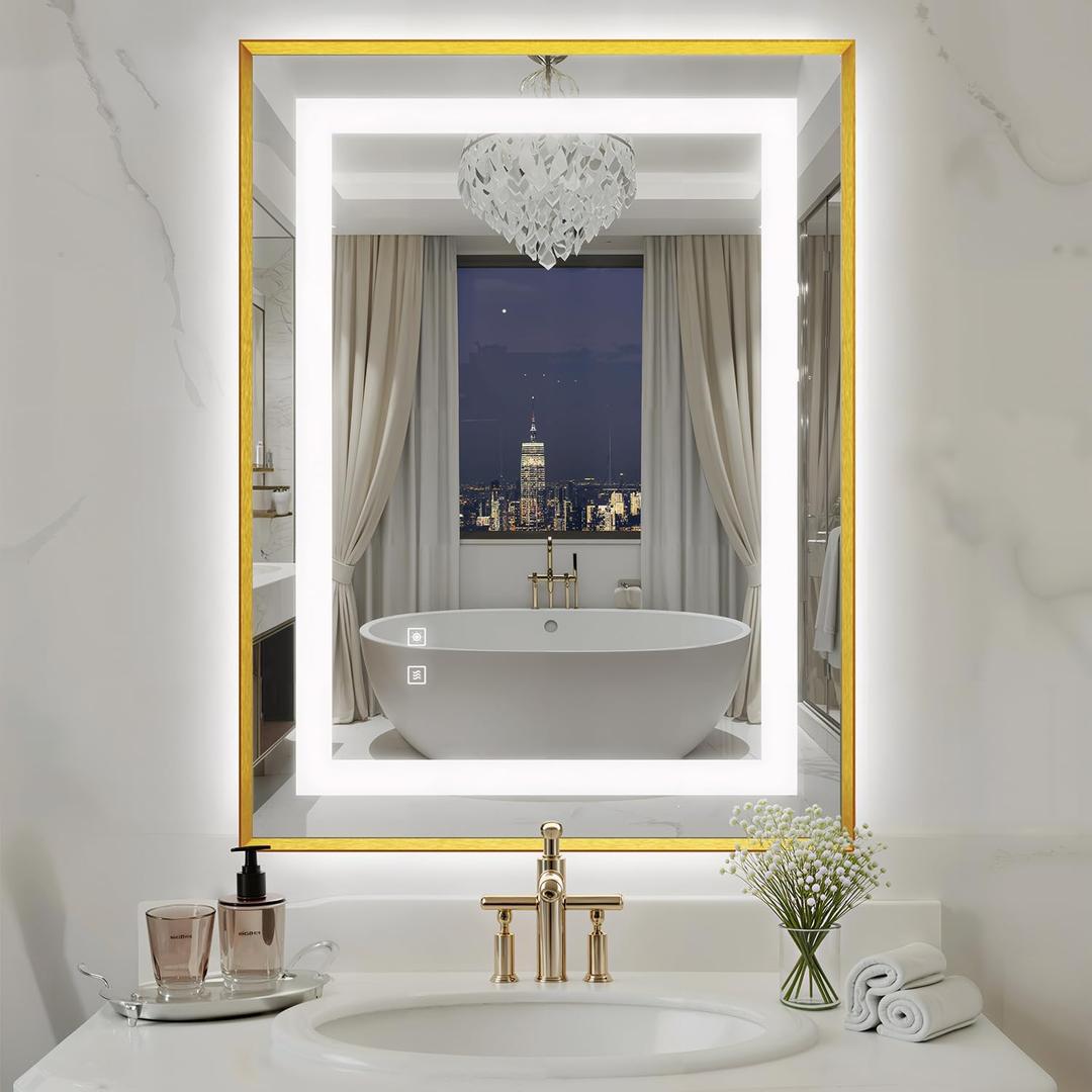 24X32 Inch LED Bathroom Mirror with Lights, Gold Frame Frontlit+ Backlit Bathroom Vanity Mirror for Wall, Ultra-Clear Tempered Glass, Shatter-Proof, Anti-Fog and Memory Function, ETL Listed