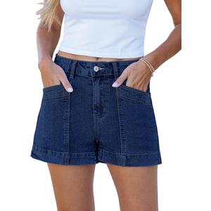 luvamia Jean Shorts for Women High Waisted Stretchy Denim Jorts Trendy Casual Distressed Cut Off Shorts with Pockets (X-Large, Classic Dark Blue)