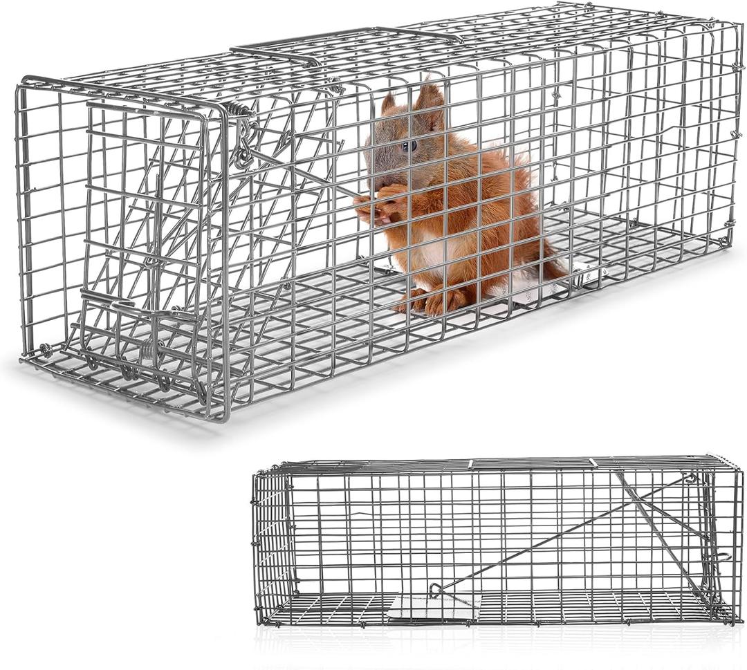 Qualirey 2 Pcs Humane Squirrel Trap Heavy Duty Live Animal Chipmunk Catch and Release Rat Trap for Outdoor Small Animals Mouse Raccoon Stray Cat Rodent Weasels(Silver)