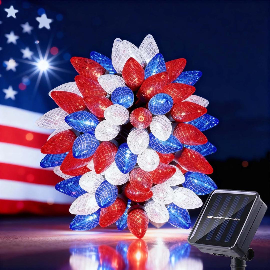 4th of July Decorations C7 Bulb Solar String Lights Outdoor Waterproof 50 LED Red White Blue Solar Lights for Independence Day President Memorial Day Christmas Party Patriotic Decorations
