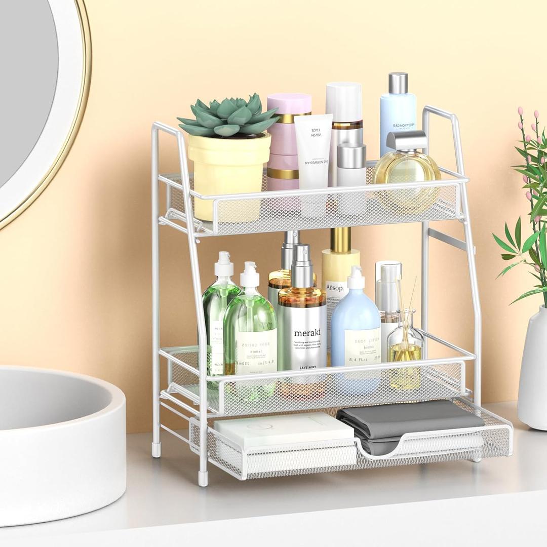 LEMIKKLE 2-Tier Bathroom Counter Organizer with Drawers, Multi-Purpose Makeup Organizer Countertop, Large Skincare Organizers, Exquisite Vanity Shelf