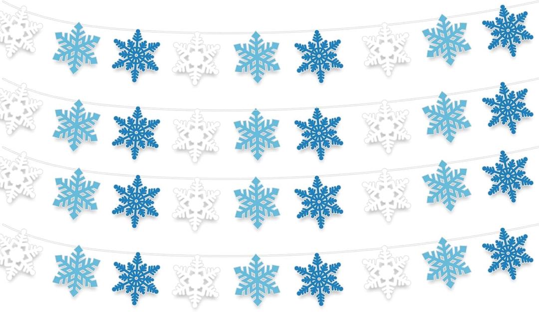 Whaline 4Pcs Snowflake Felt Banner White Blue Snowflake Garland Winter Bunting Garland for Christmas Winter Holiday Hanging Decoration
