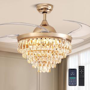 CROSSIO 48" Crystal Ceiling Fans with Lights and Remote, Dimmable, 6 Speeds, Luxury Chandelier Fan Rose Gold Crystal Fandelier for Dining Room Living Room Bedroom