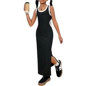 BEAUDRM Girl's Summer Cut Out Scoop Neck Maxi Dress Sleeveless Split Hem Casual Dresses Black 9Y 
