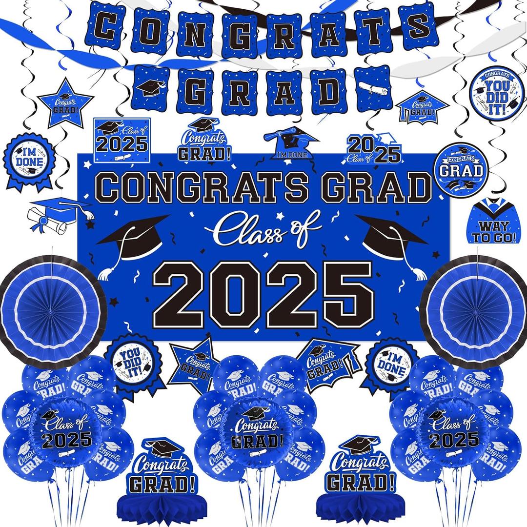 Graduation Decorations 2025 Set - Congrats Grad Banner, Class of 2025 Backdrop, Balloons & Streamers Kit - Complete Party Supplies for High School & College Celebrations (Blue)