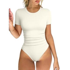 OQQ Women's Crew Neck Short Sleeve Bodysuit Ruched Stretch Vacation Basic for Tops Spring & Summer Beige XL
