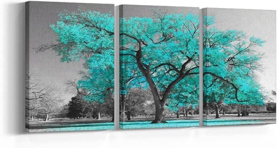 Turquoise Wall Art for Living Room Black White Teal Tree Blossom Picture Canvas Painting 3 Piece Set Framed Artwork Ready to Hang Modern Home Bathroom Office Decorations (12x16inch x3)