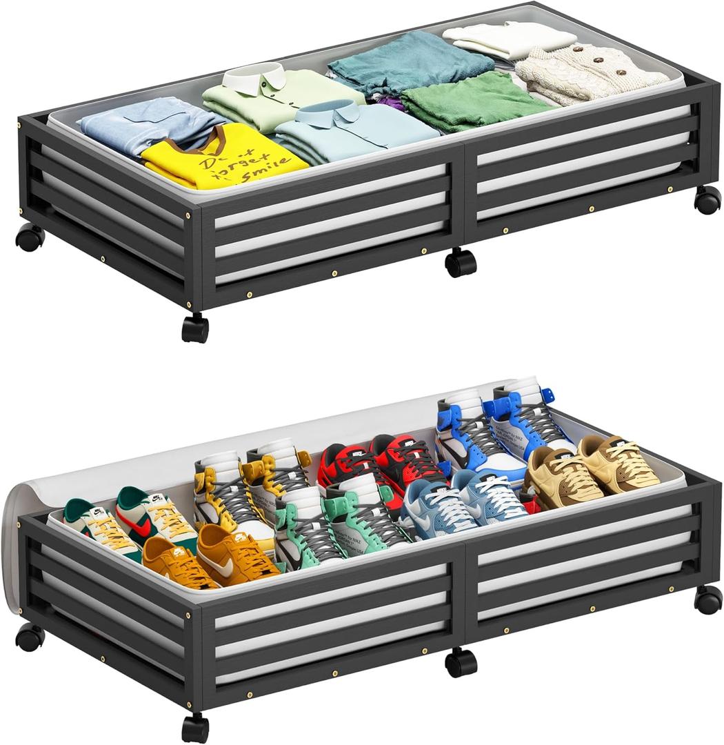 Wisuce Bamboo Under Bed Storage Containers- Underbed Organizer with Wheels with Large Dust Bag,Sturdy Wood Rolling Under the Bed Shoe Storage Organizer Drawer 2 Packs (Black, Long)
