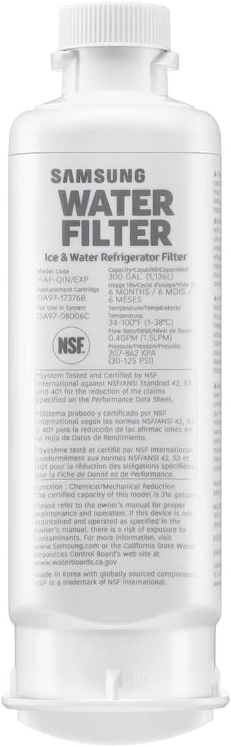 Samsung HAF-QIN/EXP Genuine Refrigerator Water Filter, Reduces 99% of Harmful Contaminants for Clean, Clear Drinking Water, 6-Month Life, Easy Install, Pack of 1