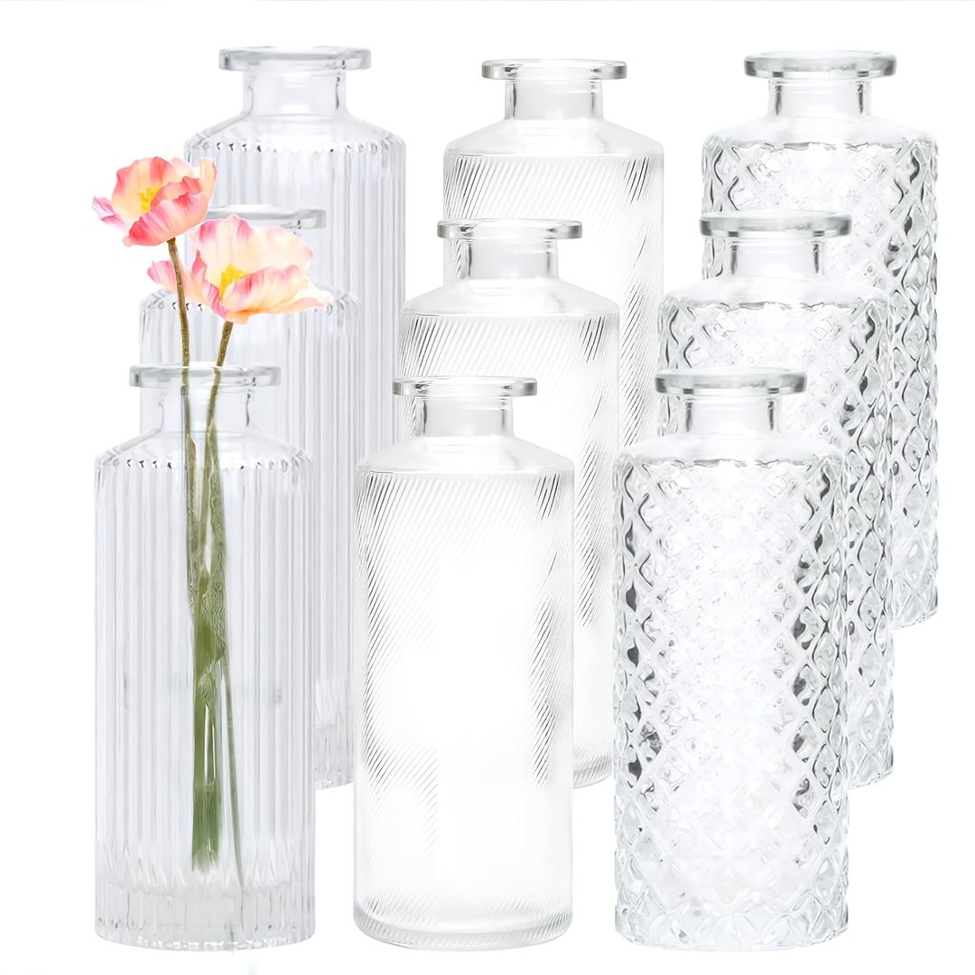 Brajttt Glass Bud Vase Set in Bulk, 9pcs Mini Vintage Flower Vases for Wedding, Clear Relief Vase for Centerpieces,Home Table Flower Decor, Party Decorations