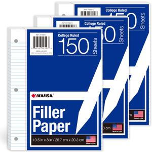 Kaisa3 Pack Notebook Paper College Ruled 3-Hole Punched Loose Leaf Paper 8x10.5 Lined Paper College Ruled Filler Paper for 3-Ring Binder Paper 150 Sheets/Pack (3 Pack-college)