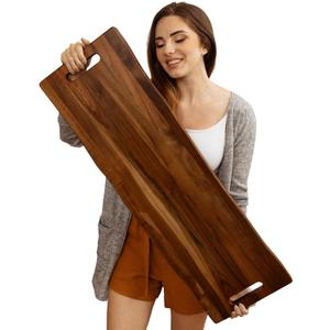 Large Acacia Serving Board with Handles, 36 x 12 Inch Rectangular Charcuterie Platter, Natural Wood Server for Meat, Cheese Board, and Party Appetizers, Extra Long 3ft (Dark)