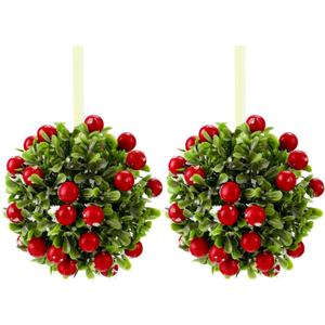 WILLBOND 2 Pieces Christmas Mistletoe Hanging Ornaments 5 Inches Mistletoe Kissing Ball Artificial Door Decor Pendants Green Leaves Red Berries Ornament Ball for Christmas Home and Party Supplies