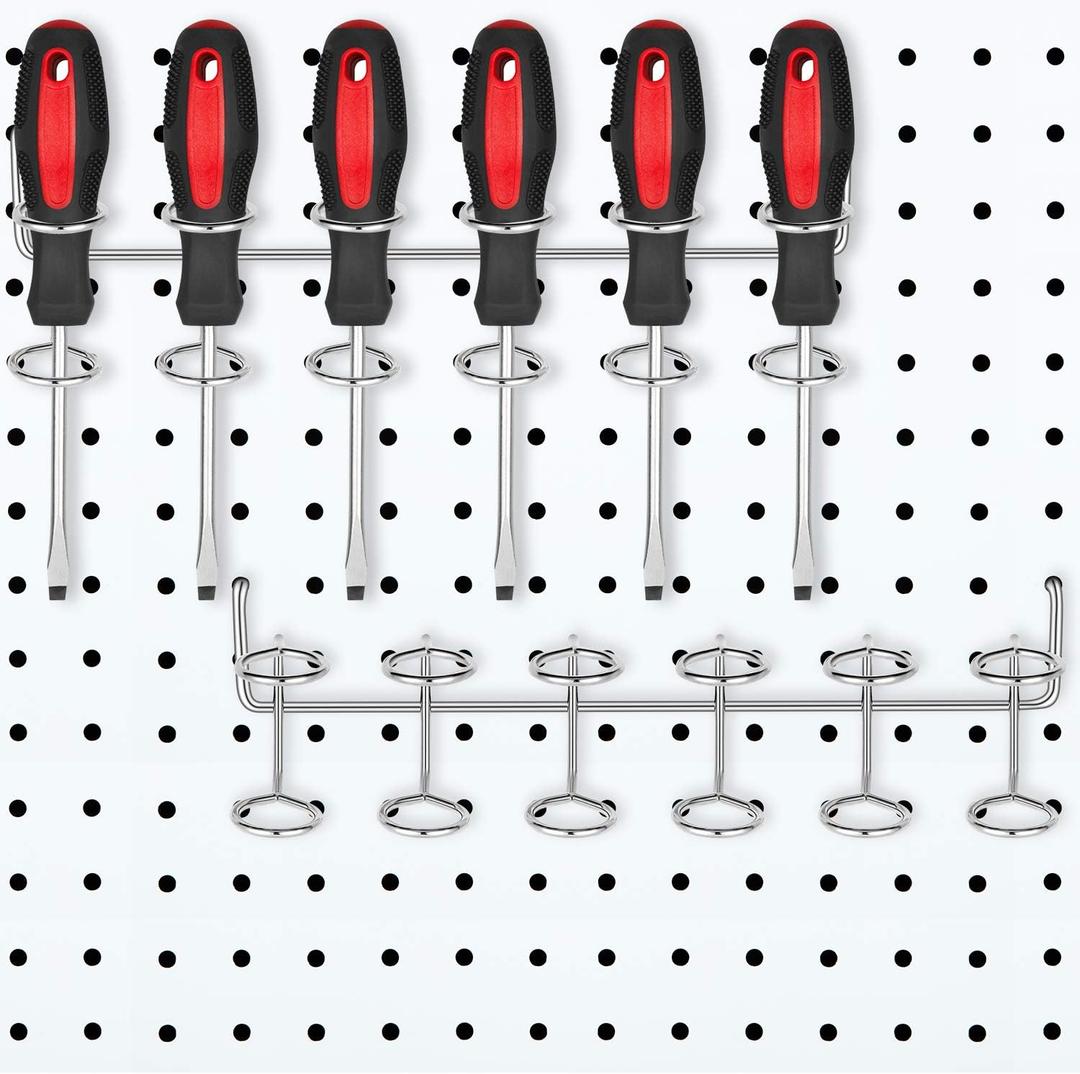 Hotop 2 Pieces Pegboard Screwdriver Holder Peg Board Tool Utility Hooks Pegboard Accessories Six-Tool Organizer Racks Accessory Multi-Ring Holder for Pliers(Silver)