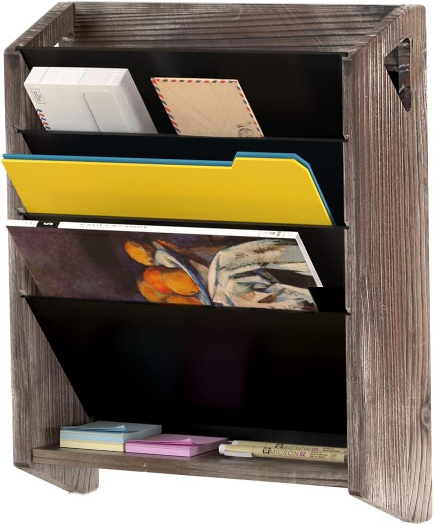J JACKCUBE DESIGN Wall Document File Organizer Rustic Wood Magazine Rack with 5 Compartments Hanging Mail Holder for Home, Office - MK624A