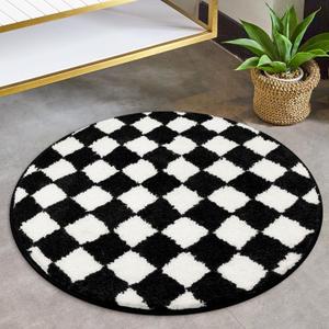Checkered Round Bathroom Rugs, Machine Washable Black and White 2ft Bath Rug for Bathroom Non Slip Water Absorbent Bath Mat, Small Soft Plush Retro Circle Bathroom Mat for Tub Shower Entryway