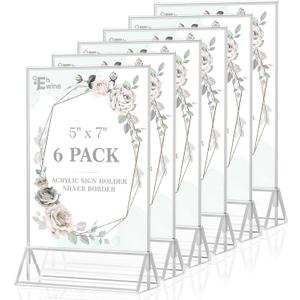 EHWINE 6 Pack Acrylic Sign Holder 5 x 7, Double Sided Silver Picture Frame Stand up Table Top Sign Holders, Clear Display Stand Menu Flyer Holder for Wedding Party (Provide Non-slip Mats)