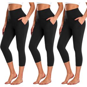 NEW YOUNG 3 Pack Capri Leggings for Women with Pockets-High Waisted Tummy Control Workout Gym Yoga Pants (Black, XXL)