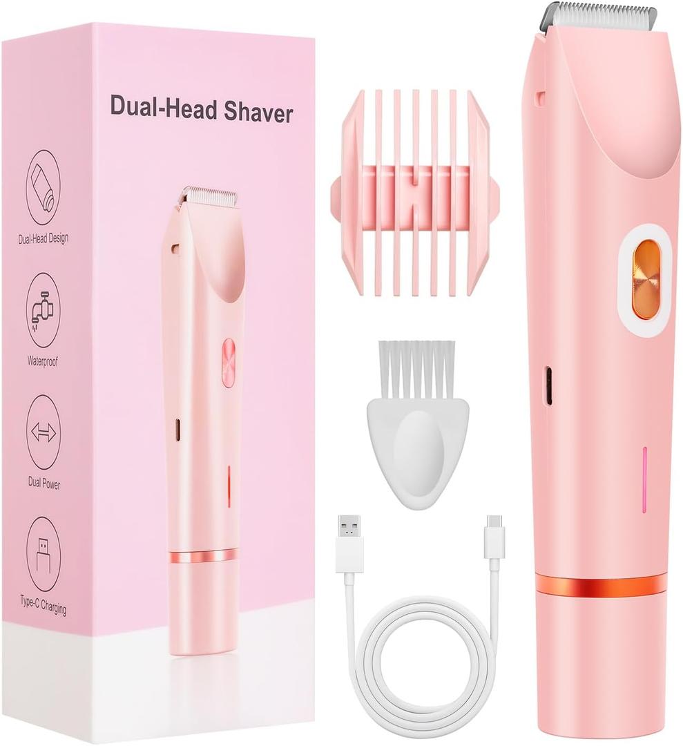 Dermave Bikini Shaver, Bikini Trimmer for Women, 2 in 1 Dual Head Painless Electric Razors for Silk Skin, Cordless & Waterproof Electric Trimmer for Women, Pink