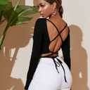 Verdusa Women's Crisscross Tied Backless Long Sleeve Tee T Shirt Top Black Medium