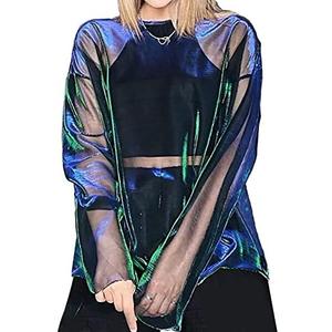 Women See-Thru Sparkly Cover Up Tops E-Girls Metallic Shiny Oversized Tee Shirts One Size