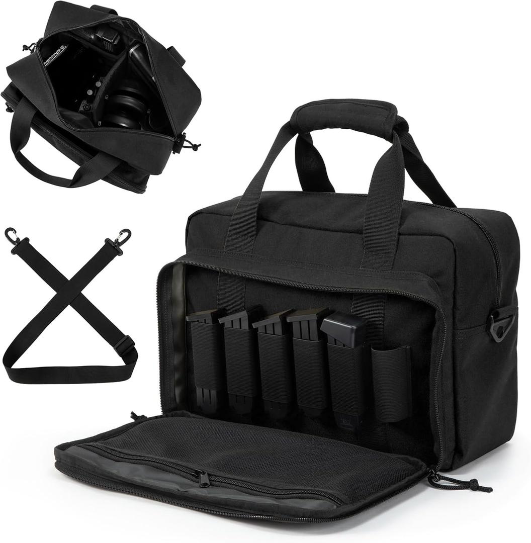 Small Range Bag For 2 Pistols Gun Range Bags For Handguns And Ammo Dual Pistol Handgun Revolver Hunting Bag Gun Carrying Case/Lockable Zippers (Black)