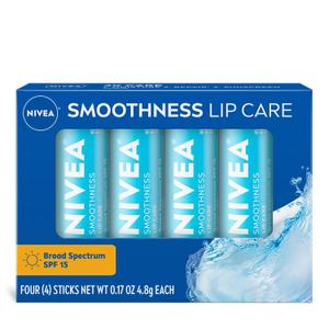 NIVEA Smoothness Lip Care, Sunscreen Lip Balm with SPF 15 Broad Spectrum, Shea Butter, Nourishing Oils and Vitamin C & E, 3-in-1 Moisture, Repair and Sunscreen, 0.17 Oz Stick, Pack of 4