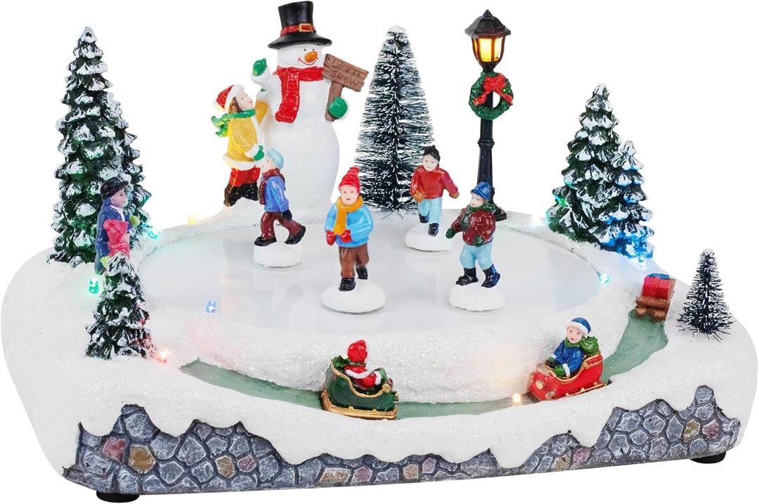 Animated Christmas Village Skating Pond - Lighted Musical Snow Scene with 4 Moving Skaters, Adapter, Battery Slot