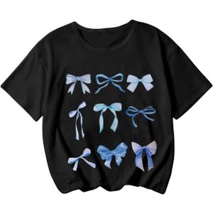 Girl's Bow Graphic Tees Crew Neck Short Sleeve Summer T Shirts Preppy Cute Clothes for Girls (Black, 11Y)