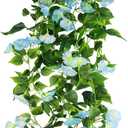 CISDUEO 2 Pcs Artificial Vines for Outdoors Silk Morning Glory Vines 15Feet Hanging Plants Blue Flowers Garland Fake Green Plant Morning Glories for Home Decor Wall Fence Wedding Hanging Baskets